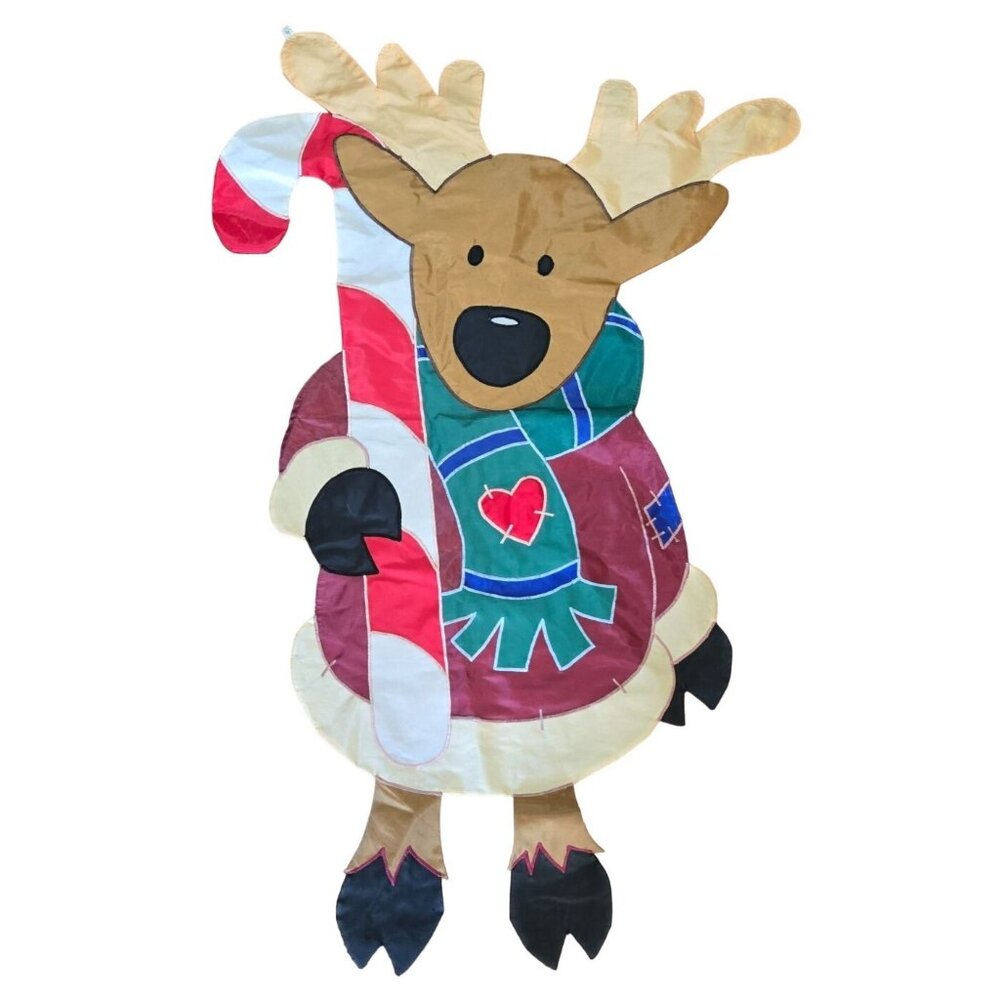Reindeer Christmas Yard Flag Double-Sided Holiday Decor Candy Cane Scarf Cute &